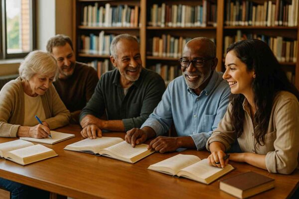 Learning Opportunities: Simple Ways To Grow Every Day 8 People of different ages learning together at a community center table, sharing ideas and resources.