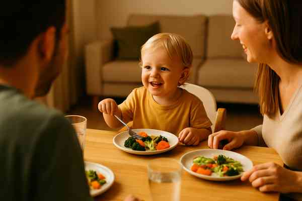 Family eating together at dinner table with smiling toddler enjoying healthy food at home