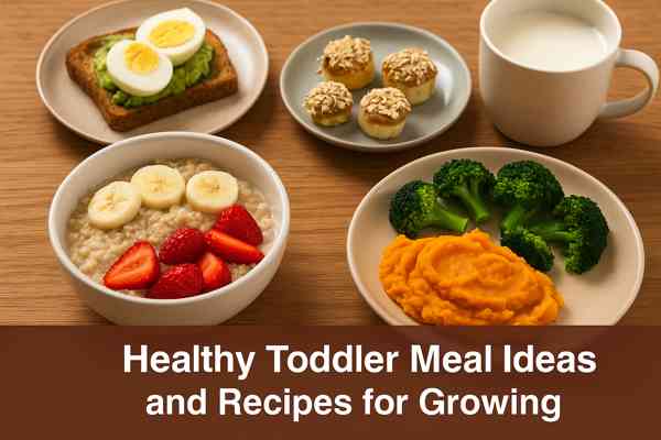 Healthy toddler meal ideas with oatmeal, sweet potato mash, peanut butter banana bites, and fruit slices on a table
