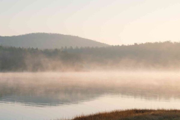 A peaceful morning landscape with mist over a calm lake, symbolizing mindfulness, inner calm, and deep awareness.