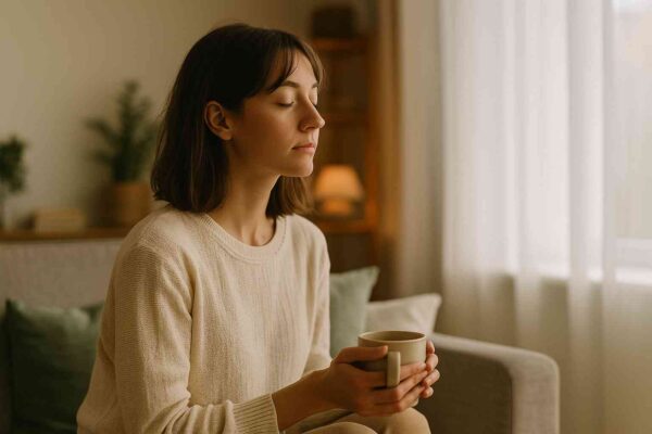 A calm person sitting at home with a cup of tea in warm natural light, practicing mindfulness and relaxation in daily life.