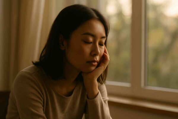 A calm person sitting near a window in warm morning light, reflecting on thoughts and mindfulness awareness.