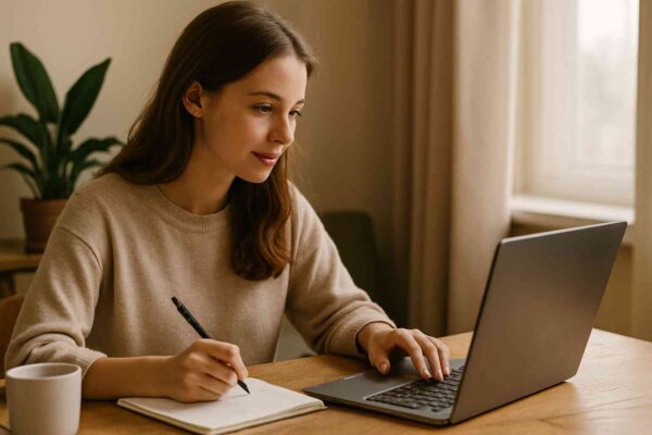 Learning Opportunities: Simple Ways To Grow Every Day 10 Woman studying online at home with laptop and coffee, representing flexible learning opportunities.
