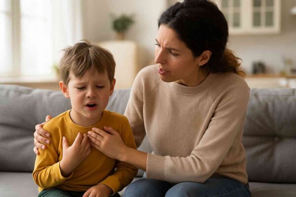 A calm mother comforting her upset son in a bright living room, showing empathy and emotional intelligence in parenting.
