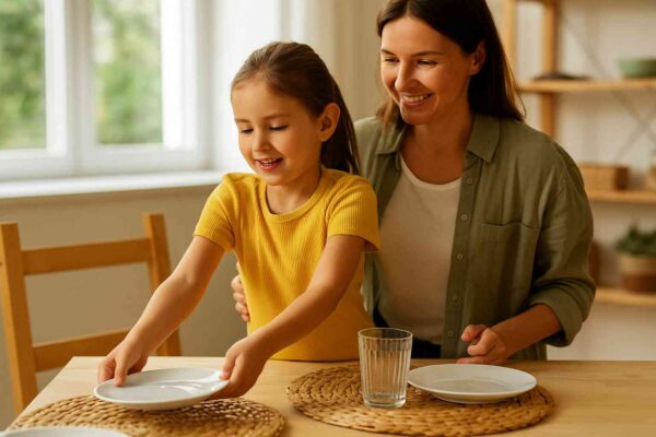 A young girl setting the table with her smiling mother beside her, showing kindness, responsibility, and family connection at home.