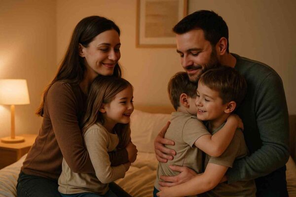 Parents hugging their children goodnight in a softly lit bedroom, showing love, warmth, and family connection before bedtime.