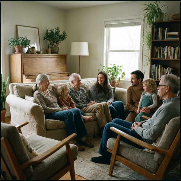 Family sitting together and calmly talking in a living room