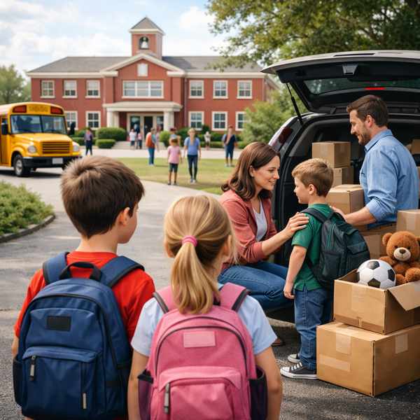 Family supporting children during a mid-year school move outside a new school