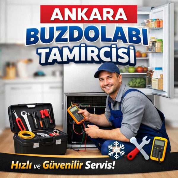 Buzdolabı önünde teknik servis aletleriyle duran, pozitif ve gülümseyen teknik servis elemanı - Ankara Buzdolabı Tamircisi