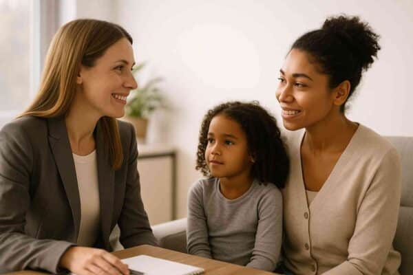 An adoption agency staff member meeting with a single parent in a bright, welcoming office, showing how adoption agencies for single parents provide guidance and support.
