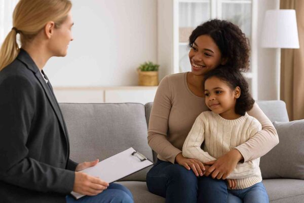A social worker visiting a single parent’s home for an adoption home study, showing a warm, professional meeting during the adoption process.