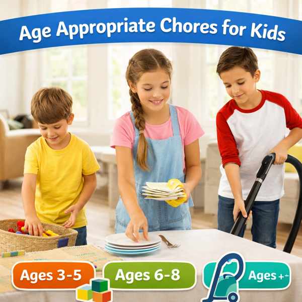 age appropriate chores for kids showing children of different ages doing household tasks at home