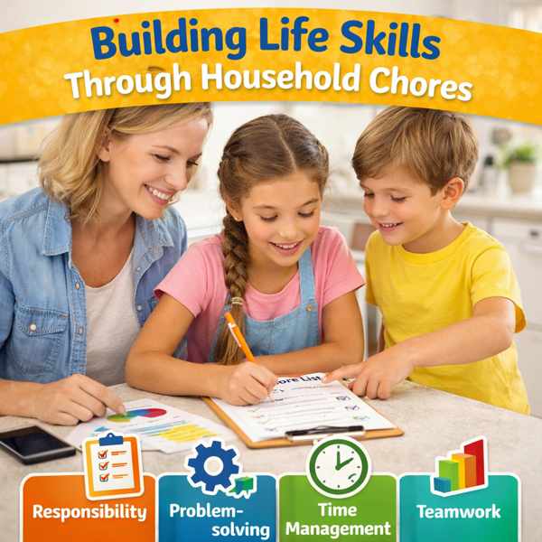 children and parents doing household chores together to build life skills and responsibilities