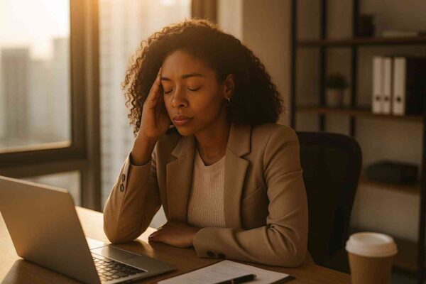 A professional woman sitting at her desk with eyes closed, taking a short mindfulness break during work in warm natural light.