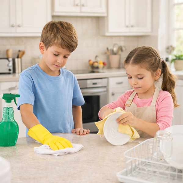 kids cleaning the kitchen as part of daily household chores at home