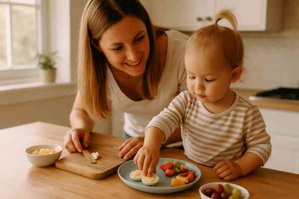 Parent and toddler preparing easy healthy meals with boiled eggs, fruit, and peanut butter in a cozy kitchen