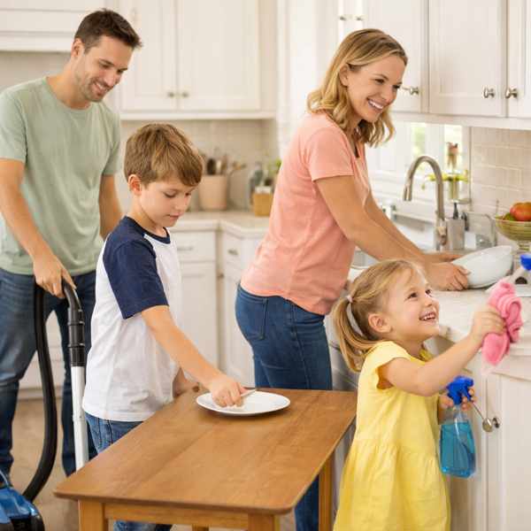 parents and children working together on daily household chores at home