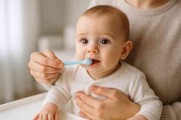 Parent gently brushing 10-week-old teething baby gums with a soft toothbrush for healthy oral care