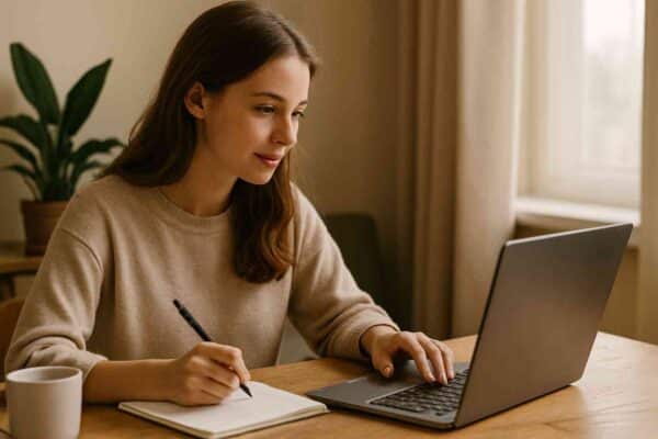 Woman studying online at home with laptop and coffee, representing flexible learning opportunities.