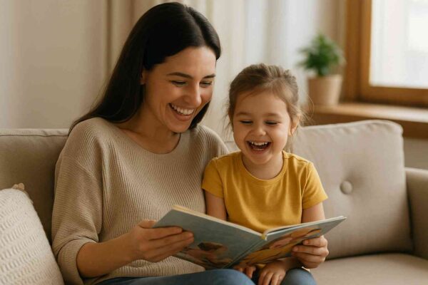 A smiling mother and daughter reading a picture book together in a cozy living room, showing love, connection, and learning.