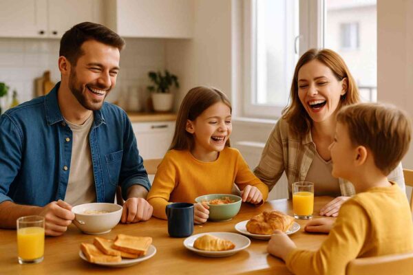 A happy family of four laughing together while having breakfast in a bright kitchen, showing connection and everyday joy.
