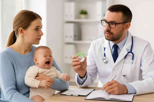 Pediatrician advising mother with 10-week-old teething baby about safety and when to call the doctor