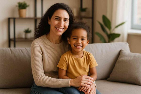 A diverse single parent smiling with an adopted child in a cozy living room, symbolizing the changing face of adoption.