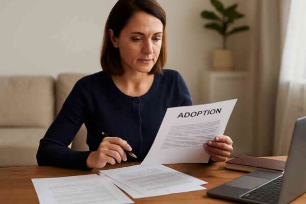 A confident single parent reviewing adoption papers at a cozy desk, representing the reality and hope of single parent adoption. - Adoption agencies for single parents