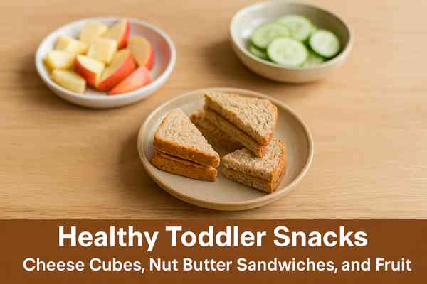 healthy toddler snacks with cheese cubes, fruit slices, mini peanut butter sandwiches, and boiled egg halves on small plateshealthy toddler snacks with cheese cubes, fruit slices, mini peanut butter sandwiches, and boiled egg halves on small plates