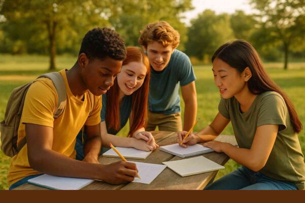 Students studying together outdoors during a sunny summer program, sharing ideas and learning as a group.