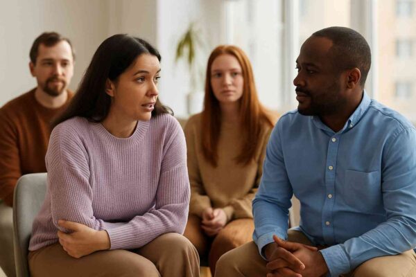 A small support group of single adoptive parents sitting together and sharing experiences, showing how adoption agencies support single adoptive families.