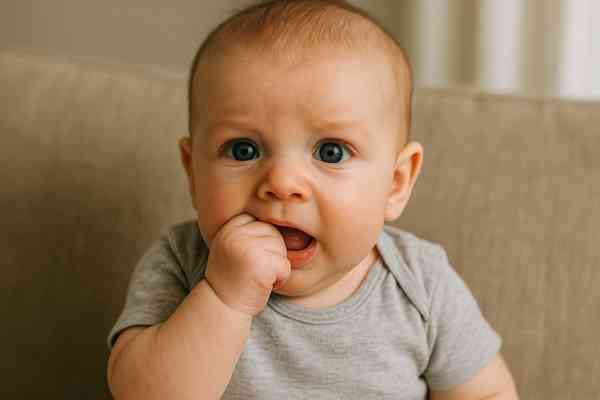 10-week-old teething baby drooling and chewing on hand while learning early teething signs