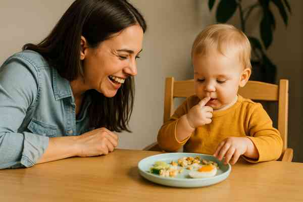 Toddler exploring food textures while eating at home with mother - Toddler Foods