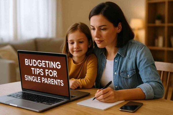 Single parent budgeting tips for single parents — mother and child using a laptop to plan savings and manage household finances at home