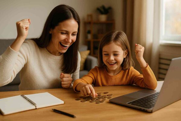 Single parent and child celebrating financial progress at home with coins on the table — budgeting tips for single parents