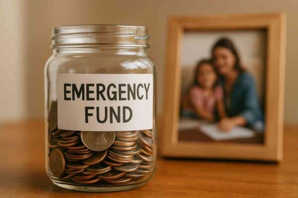 Clear glass jar labeled Emergency Fund filled with coins — budgeting tips for single parents about saving money and building financial security