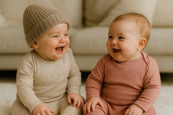 Laughing twin babies playing together on a cozy blanket — funny and cute baby boy and girl twins - Nicknames for twins