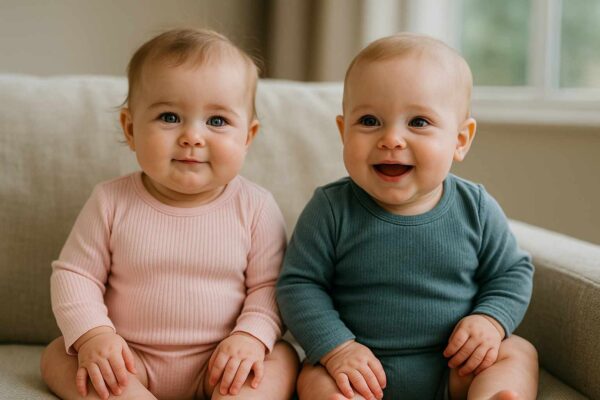 Twin baby boy and girl sitting together on a cozy couch — cute mixed gender twins in natural light