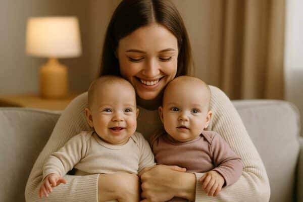 Parent smiling at twin babies at home — loving mother holding baby boy and girl twins in warm natural light