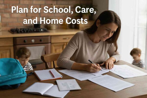 Single parent planning school, child care, and home costs at kitchen table — budgeting tips for single parents