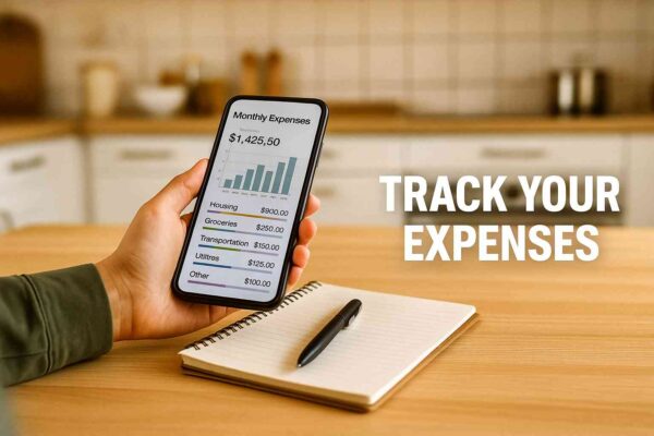 Single parent tracking expenses on a smartphone app at kitchen table — budgeting tips for single parents