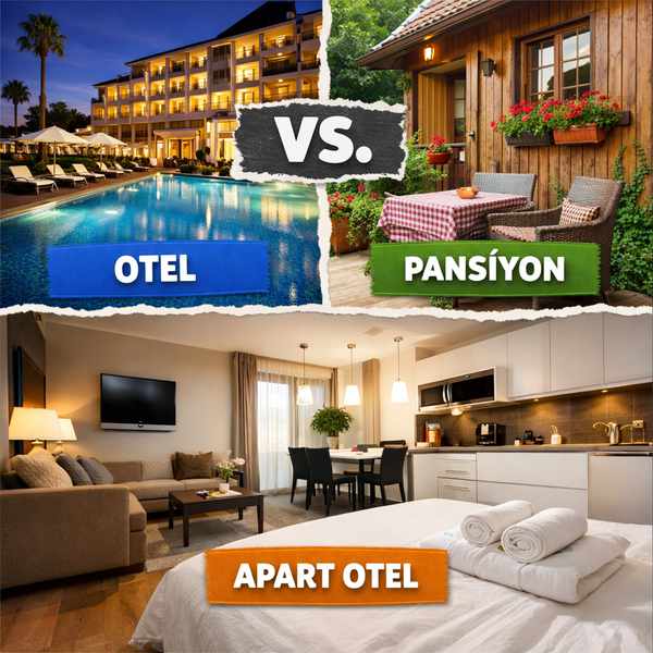 Otel konaklama farklarını gösteren konaklama karşılaştırması - otel,pansiyon ve apart otel