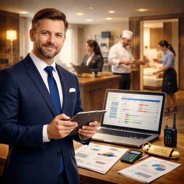 otel yöneticisinin günlük operasyonları yönetmesini gösteren görsel