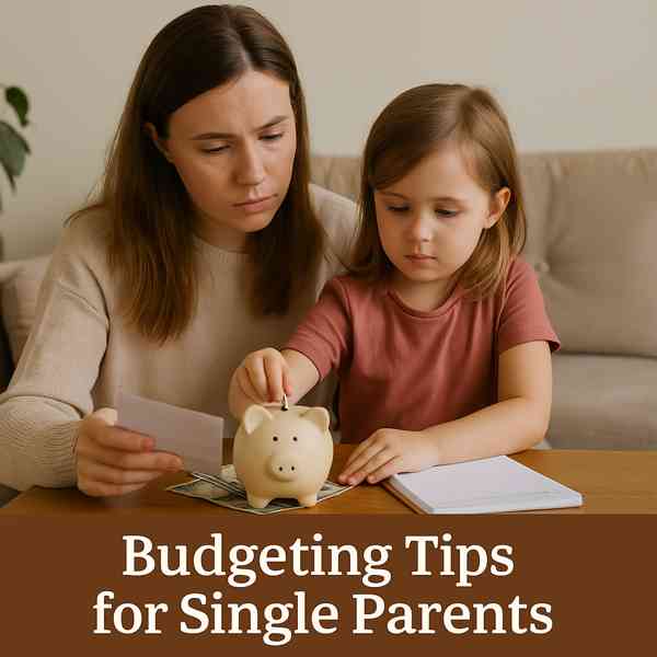 Single mother teaching her child about saving money with a piggy bank at home – budgeting tips for single parents