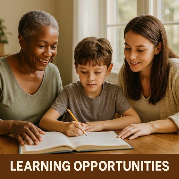 Diverse group learning together at a wooden table under warm natural light, symbolizing learning opportunities for all ages.
