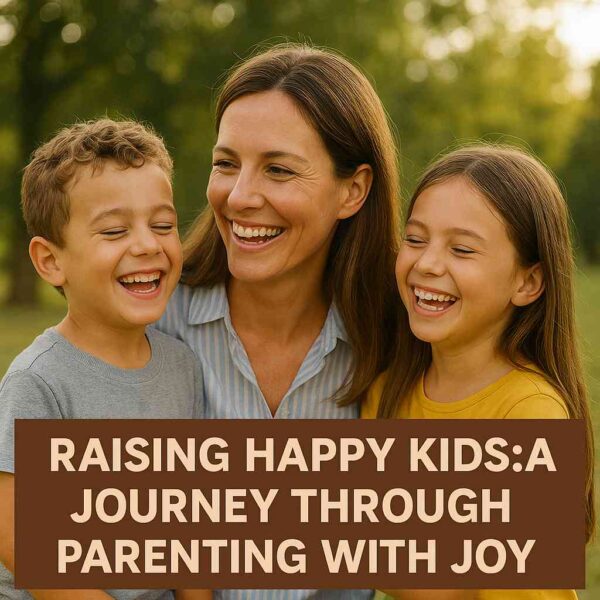 A joyful mother laughing with her two children in a sunny park, symbolizing the happiness and emotional connection of raising happy kids.