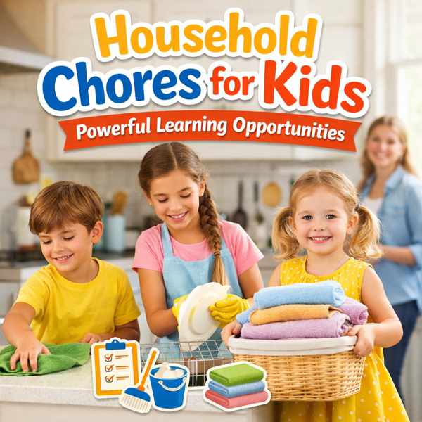 Children doing household chores with family at home to develop life skills