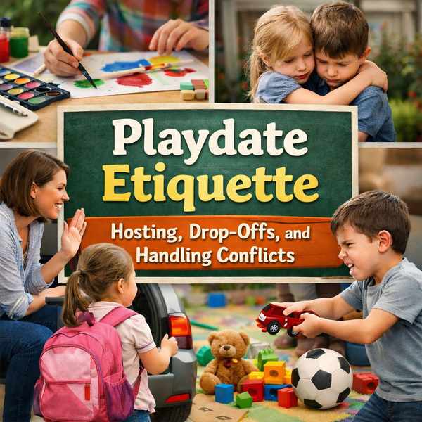 Children practicing playdate etiquette during a home playdate, including sharing toys, drop-off routines, and handling conflicts