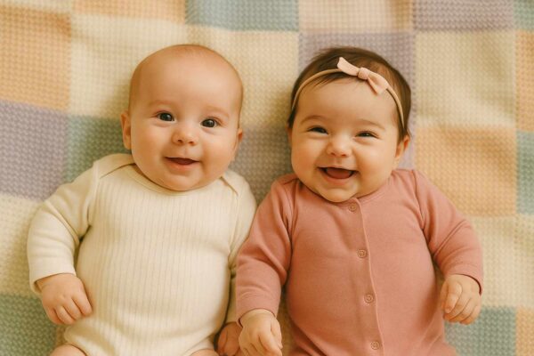 Smiling twin babies lying on a pastel blanket — cute baby boy and girl twins - nicknames for twins