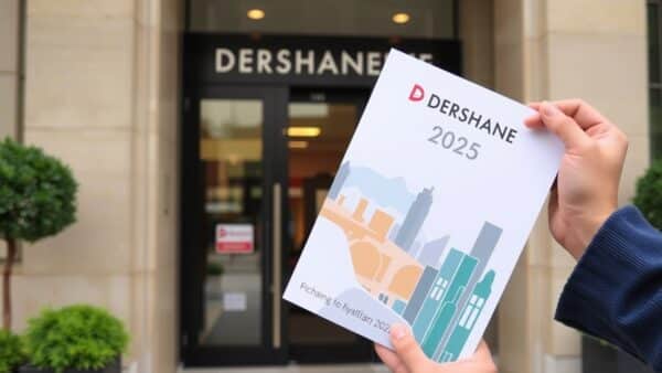 Bir kişi bina girişinde dershane fiyatları broşürüyle dururken 